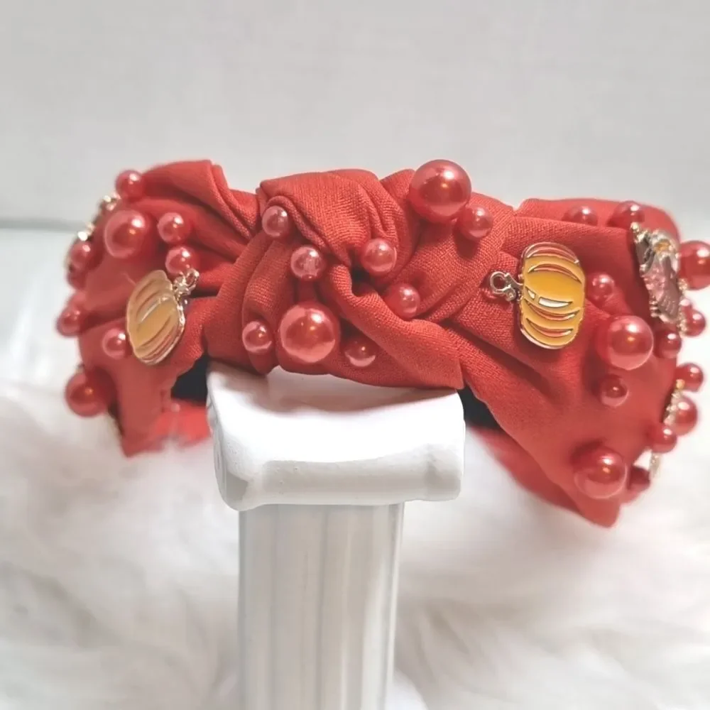 THANKSGIVING FALL PEARL JEWELED HEADBAND turkey pumpkin